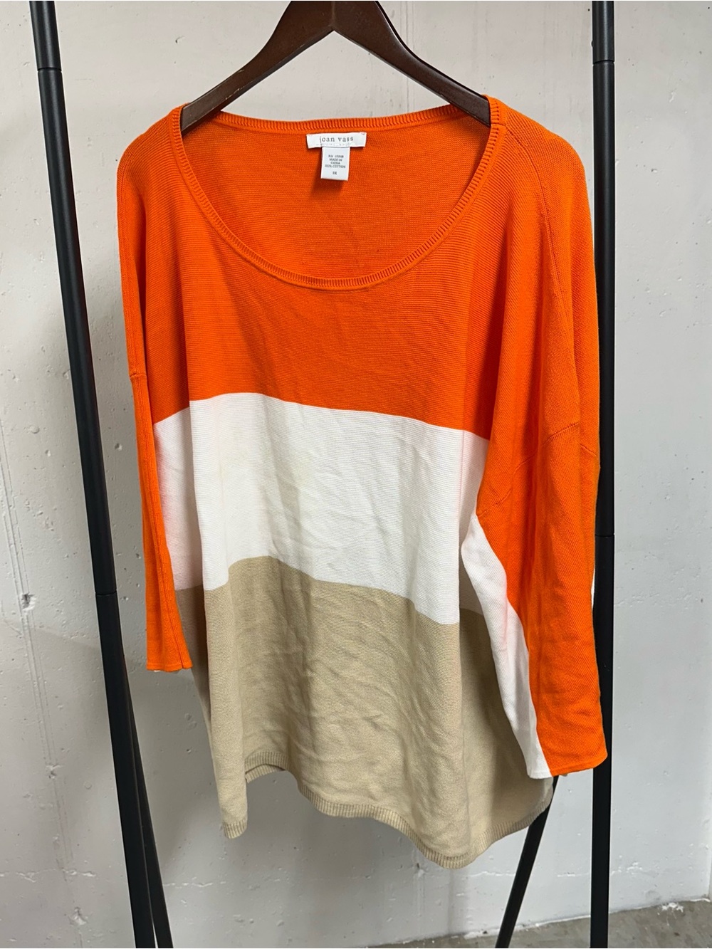 Joan Vass Orange, White & Tan Colorblock Scoop Neck Knit Top
